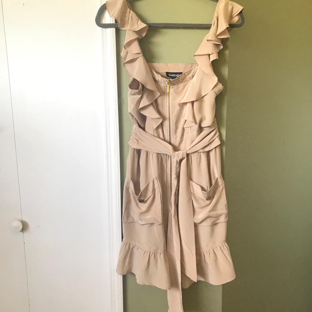 Bebe Women’s Silk Tan Ruffle detail Sleeveless dress size XS - Picture 1 of 9